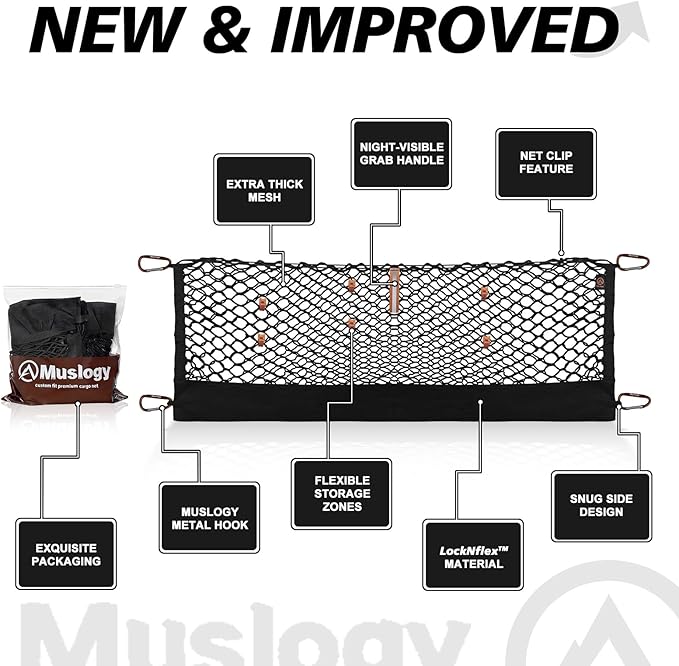 Muslogy Truck Bed Cargo Net Trunk Netting Compatible with 2022-2025 2026 Ford Maverick (V2) Accessories, Pickup Cargo Organizer SUV Sedan Storage Net w/Heavy Duty Carabiners