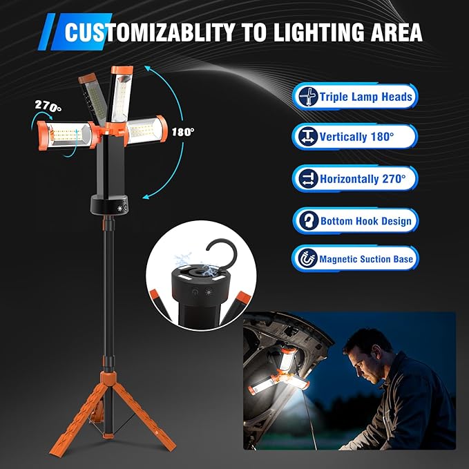 12000mAh Camping Light with Stand, Rechargeable Work Light, 10000 Lumen Dimmable Cordless Work Light with 3 LED Lamp Heads, Magnetic Emergency Flashlight with 79" Detachable Tripod