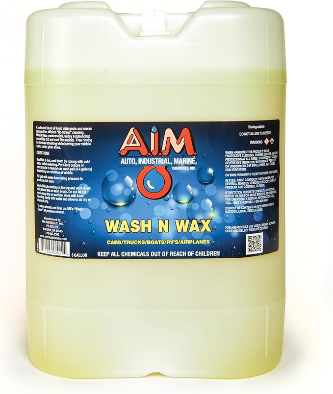 AIM Chemicals Wash N Wax Car Soap - pH neutral for cars, trucks, boats, and RVs. Protects wax and sealants. Use with foam cannon or hand wash. Ideal for detailing and cleaning supplies (AC WW5)