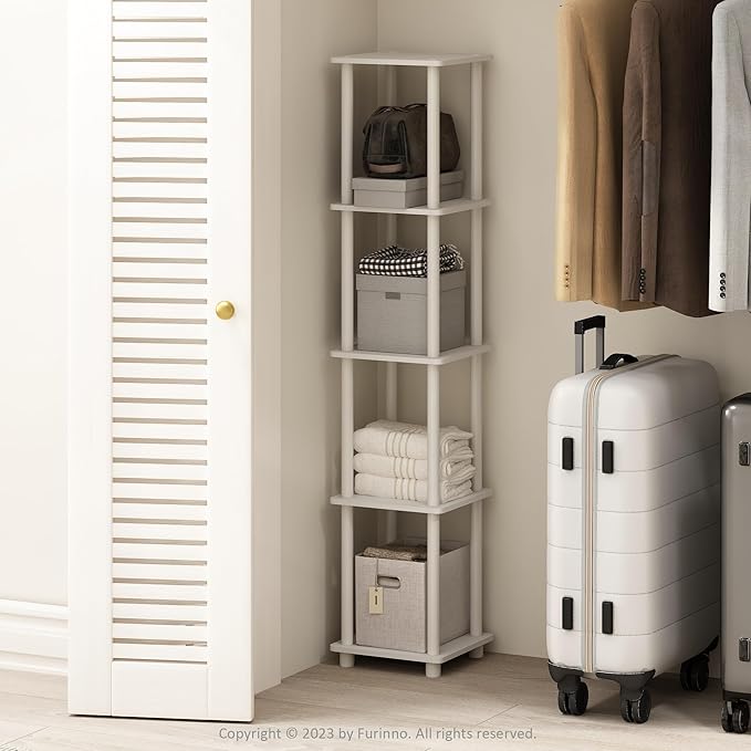 Furinno Turn-N-Tube Storage Shelves, 5-Tier Square Book Shelf, Corner Shelf, Toolless Open Shelves, Round Tubes, for Organization and Storage, Living Room, Garage, Home Office, White