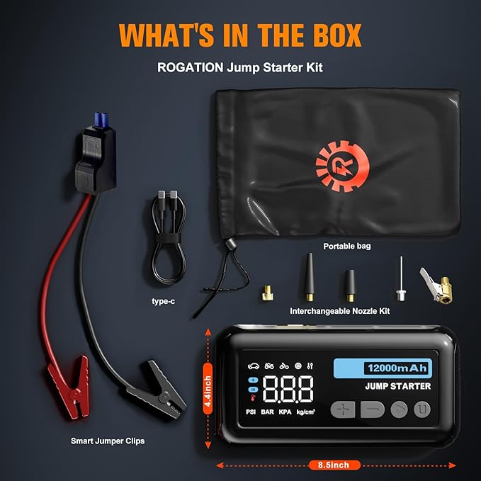 Jump Starter with 150PSI Air Compressor, 2500A Peak 12V Booster, 12000mAh Portable Car Battery Jump Starter, Up to 10L Gas/8L Diesel Engines, 33W Bidirectional Fast Charging Power Bank-Black