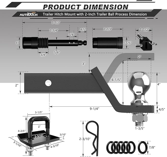 AUTMATCH Trailer Hitch Ball Mount with 2 Inch Hitch Ball - Fits 2" Receiver with Hitch Tightener, 8000Lbs Capacity Ball Hitch, 4-Inch Drop with 5/8" Hitch Lock Pin, Gunmetal