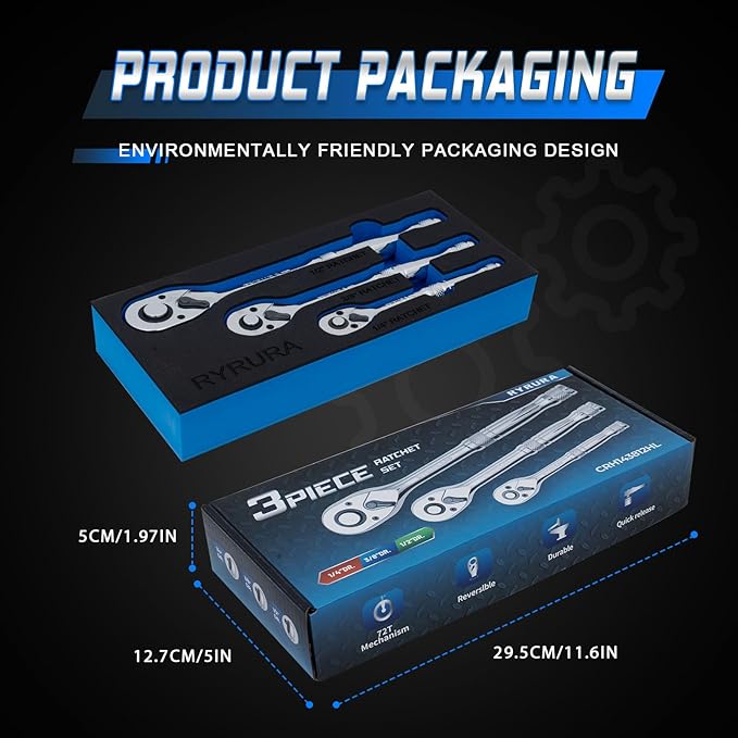 1/4 3/8/ 1/2 Inch Drive Ratchet Wrench Set,3-Piece Standard Socket Wrench Set,72-Tooth Quick Release,Reversible Ratcheting Feature with Metal Handle