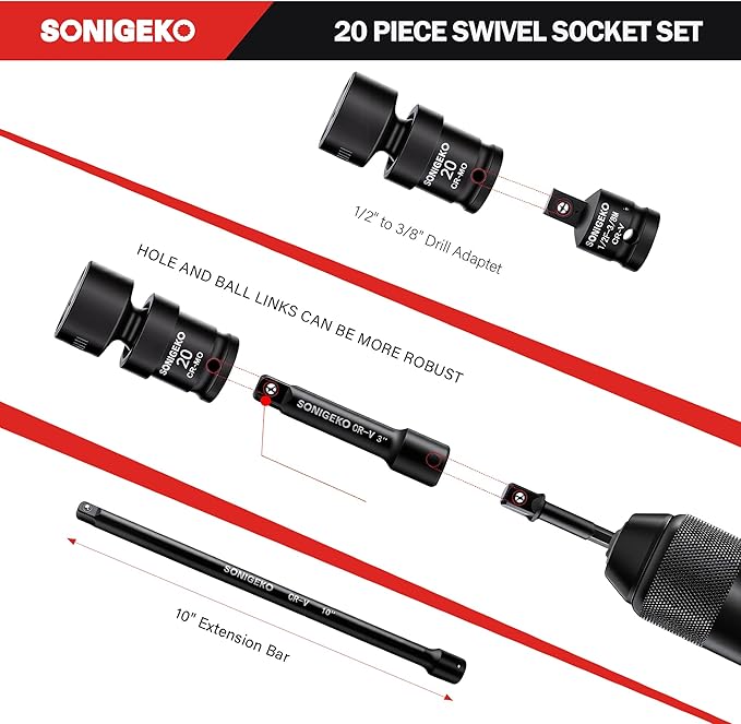 3/8" Drive Impact Swivel Sockets Set, 20 Piece, Metric Drive Impact Universal Joint, 6-Point, with Extension Bars, Socket Adapter, Drill Bit Adapter (Swivel Socket sets, 3/8",20pcs)