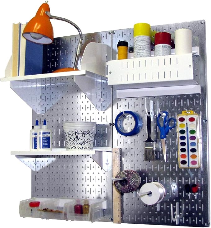 Wall Control Craft & Hobby Pegboard Organizer Storage Kit with Metallic Pegboard and White Accessories
