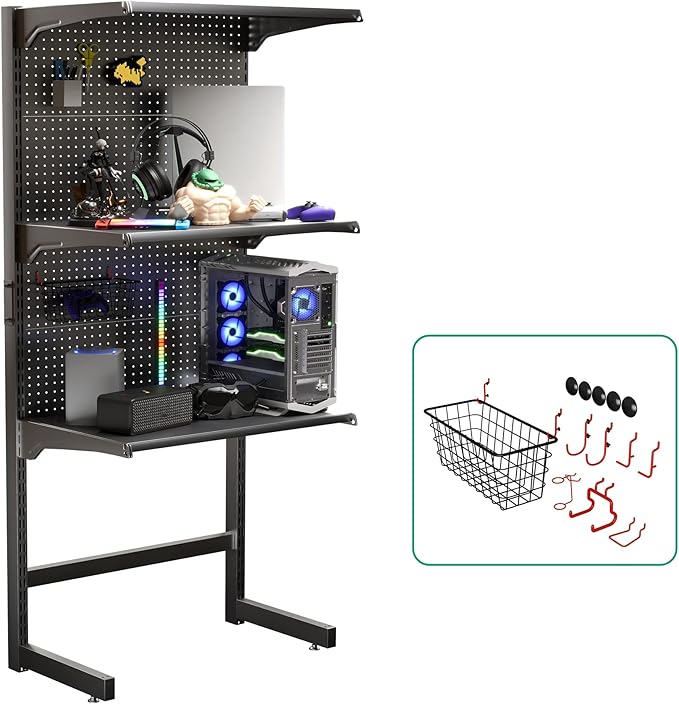 JWX DDB Gaming Standing Shelf Units, 30‘’ Free Standing Gaming Shelf Pegboard Cabinet with Home Office Metal Pegboard and 15 Pieces Organizer Tool Holders