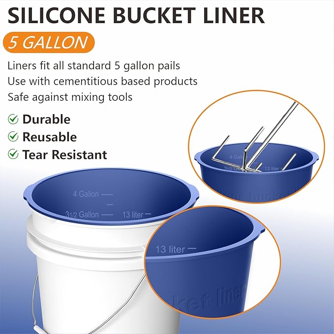 2PCS 5 Gallon Bucket Liner Reusable Rubber Bucket Liners for Concrete Mix and Thinset with Graduated Measurements (1PCS-Blue)
