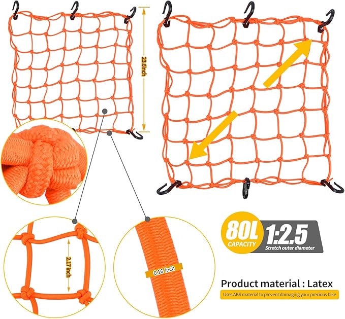 Small Cargo Net 15"x15" Stretches to 30"x30" with Thicken Hooks | Natural Latex Core, Tight 2”x2” Mesh Heavy Duty Bungee Net for Motorcycle Helmet, Bike, ATV, UTV, Luggage