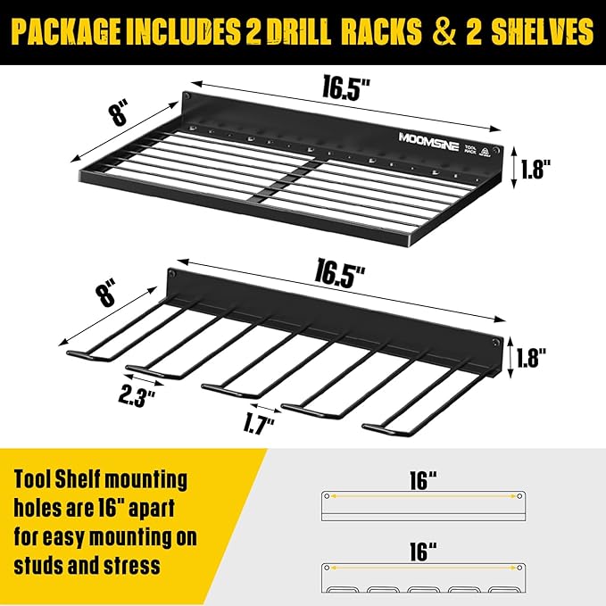 MOOMSINE Power Tool Organizer Wall Mount, Heavy Duty Tool Organizers and Storage, Cordless Drill Holder and Battery Shelf, Metal Storage Rack for Garage Organization (Drill 2 racks & 2 shelves)
