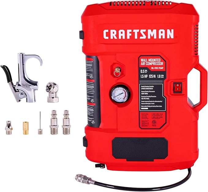CRAFTSMAN Wall Mount Air Compressor With 7 PCS Accessory Kit, Tire Inflator Portable Air Compressor with Retractable 30ft Air Hose, Mini Tank 125 PSI MAX Pressure & 1.5 HP for Garage and Home