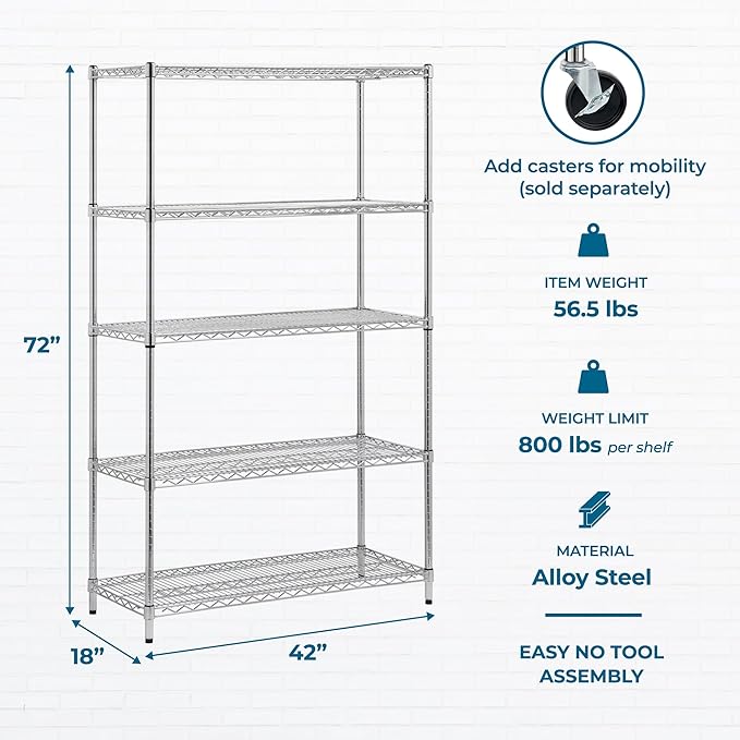 Honey-Can-Do 5-Tier Heavy-Duty Adjustable Shelves, Metal Storage Rack with 800-lb Shelf Capacity, Chrome, 18" W x 42" L x 72" H