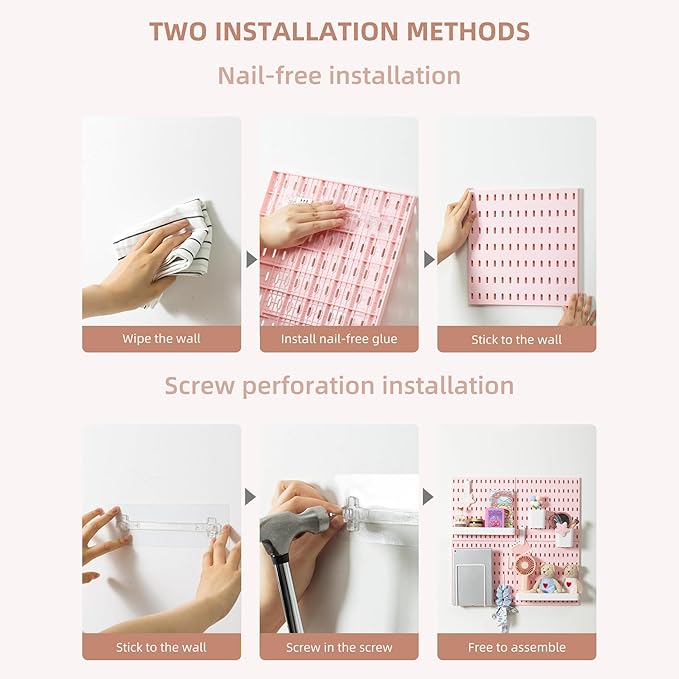 VUSIGN Pegboard Combination Wall Organizer Kit, 4 Pieces Pegboards and 17 Accessories Modular Hanging, Wall Mount Display Peg Board Panel Kits for Bedroom, Home, Office, Bathroom, 22" x 22", Pink