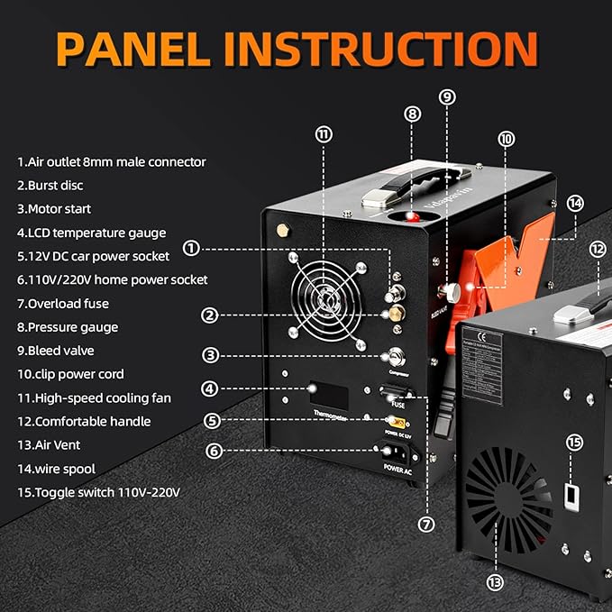 PCP Air Compressor, Auto-Shutdown Compressor, Dual Power Supply DC12V/AC 120V, 4500 PSI/30 MPa, Built-in Cooling Fan, High-Pressure Tank Compressor for PCP Air Rifles, Paintball, Diving Tanks