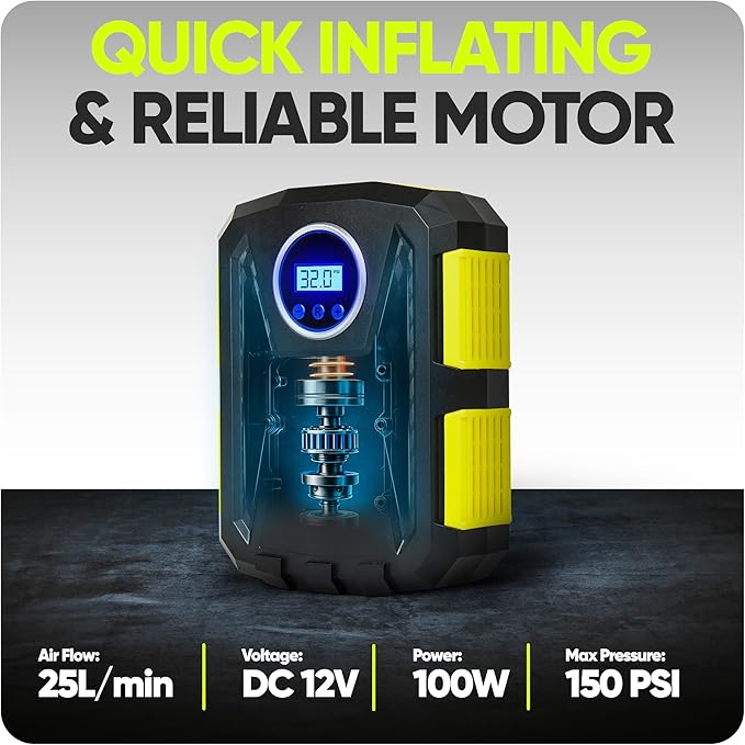 FORTEM Tire Inflator Portable Air Compressor, Air Pump for Car Tires and Bikes, Car Tire Pump w/Auto Shut Off, 150 PSI, 12V DC, LED Light, Carrying Case, for Men, Women