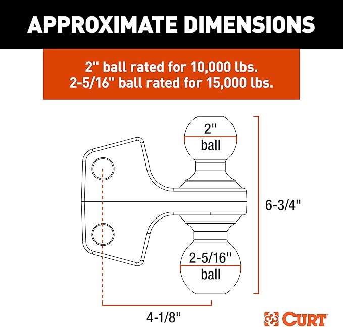 CURT 45933 Dual Ball Attachment for Weight Distribution Shank, 2 and 2-5/16-Inch, Up to 15,000 lbs