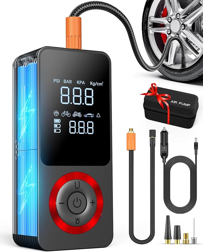 Cordless Tire Inflator Portable Air Compressor, 150 PSI Air Pump with Rechargeable Battery, Tire Pressure Gauge, 12V Car Power Adapter, Smart Air Pump for Car, Motorcycle, Bike, Ball