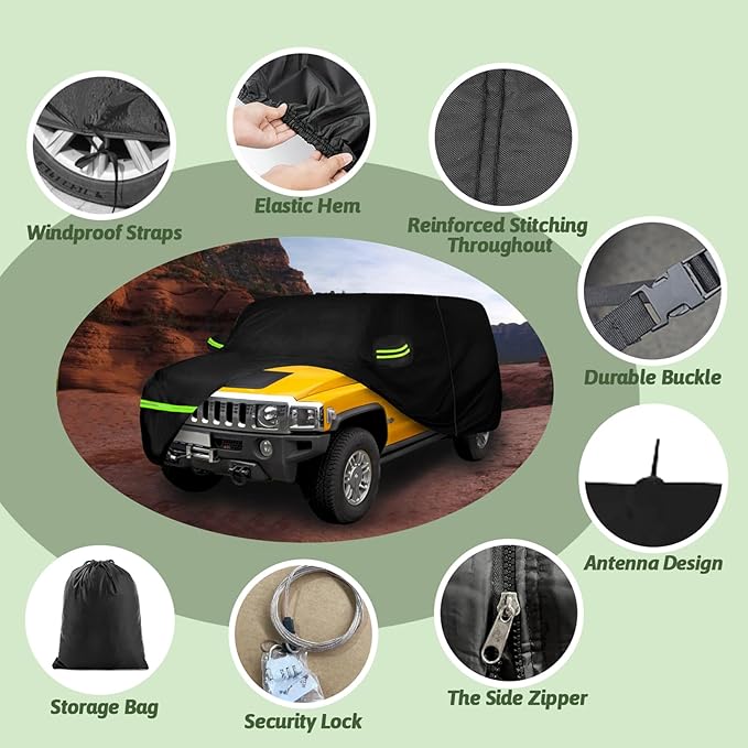 Car Cover for Hummer H3 SUV 2006-2010, 210T Waterproof Sun Rain UV Dust Snow Protection Outdoor H3 Full Car Cover with Windproof Gust Strap and Zipper Door-Black