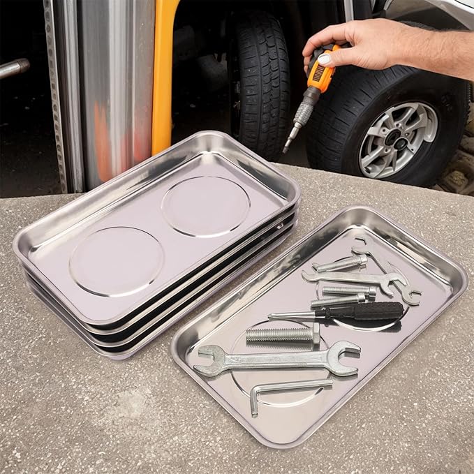 5 PCS Magnetic Trays, 9.4X5.5x1.4Inch, Magnet Tool Tray, Magnetic Parts Tray, silvery, by GENHAKON