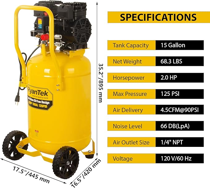 15-Gallon Air Compressor,2HP,Vertical Tank, 4.5CFM@90PSI,Quiet 66dB Twin Cylinder, Oil-Free, for Inflation, Nail Guns,Auto Repair, Painting, Woodworking and Home Use(Maximum Pressure 125 PSI)
