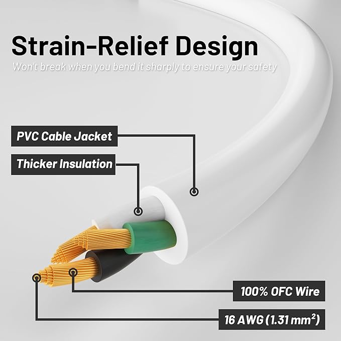 35 Ft 13A 1625W 16AWG White Indoor Outdoor Extension Cord Waterproof, Extension Cord with 3 Prong Grounded Plug, Flexible Weatherproof Power Cable, SJTW