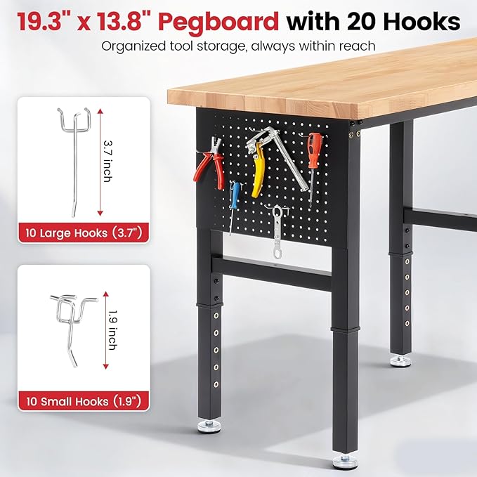 ENJOYWOOD Workbench 84 Inch Heavy Duty Rubber Wood Top Work Bench Adjustable Height Work Table 5000 Lbs Load Capacity with Power Outlets & Extended Pegboard for Garage, Home, Office