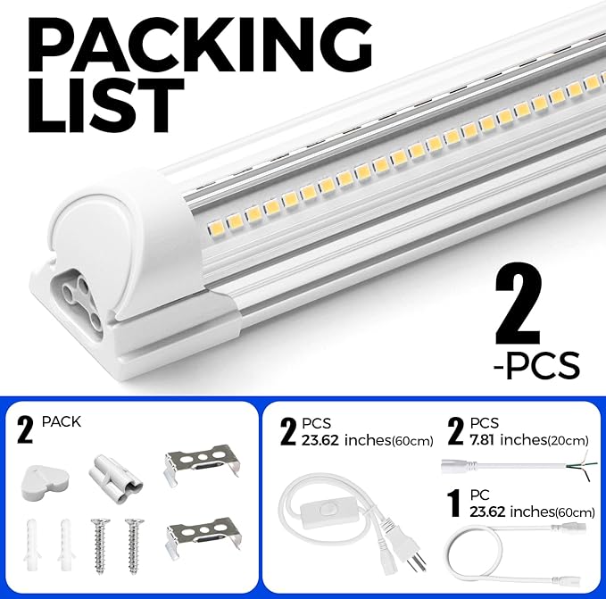 Barrina 5000K 1.5FT LED Shop Light, 3450LM, 25W, T8 Under Cabinet Lighting, Workbench, Workshop, Room, Kitchen, Tube Light, Linkable Ceiling Lights Fixture with Built-in ON/Off Switch, ETL, 2 Packs
