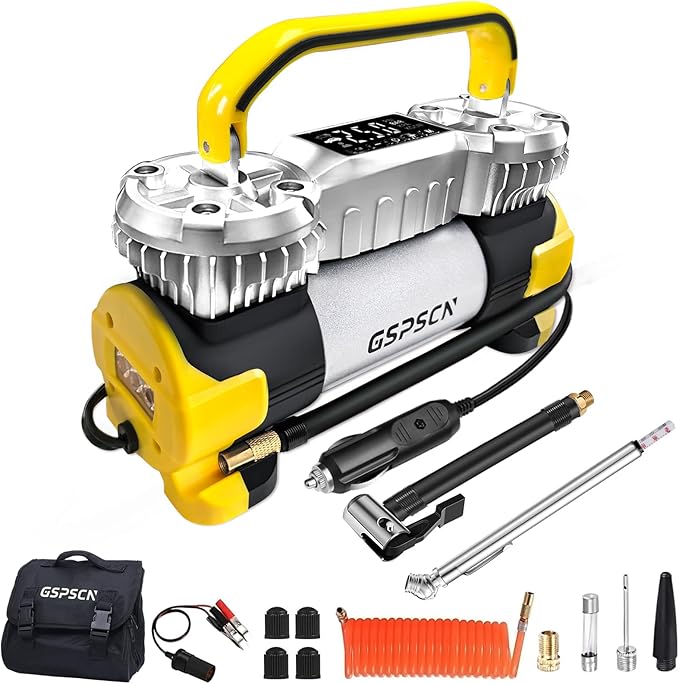 GSPSCN 6X Faster Inflation Digital Dual Cylinder Portable Air Compressor,12V Metal Tire Inflator w/Adapter & Pencil Pressure Gauge 150PSI LED Light丨Heavy Duty Air Pump for Car,Truck,SUV,ORV,RV,Balls