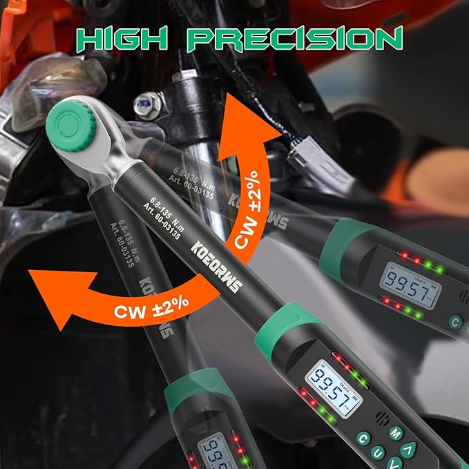 3/8" Drive Digital Torque Wrench, 5.02-99.57Ft.lb/6.8-135N.m, Long Electronic Torque Wrench with Preset Value, Buzzer & LED Indicator, 2% Accuracy for Bike, Motorcycles