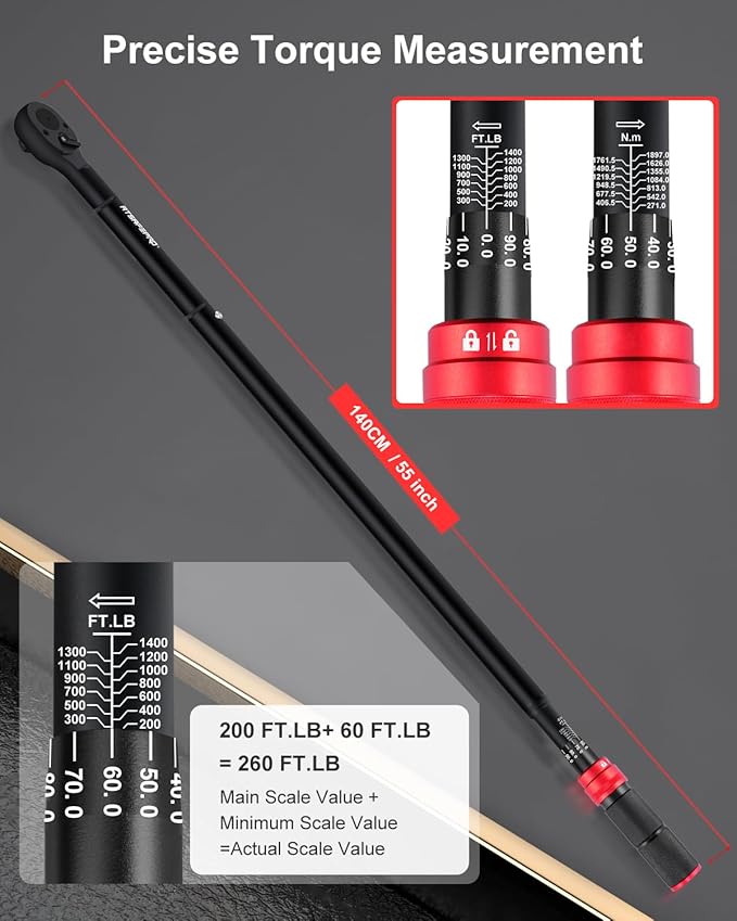 1 Inch Torque Wrench 200-1400 FT-Lb – 24-Tooth Reversible Ratchet, ±3% Accuracy, Cr-V Steel, Dual Scale (Ft-Lb/Nm), 55" Length Heavy Duty Torque Wrench for Trucks, Trailers & Heavy Equipment