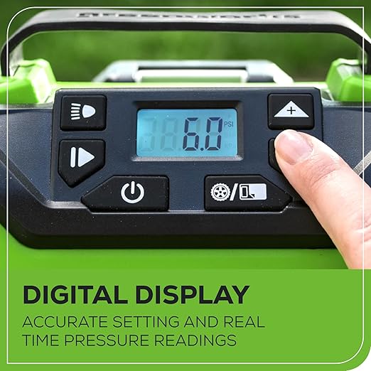 Greenworks 24V Cordless Tire Inflator, 160 PSI Portable Air Compressor, 2 Power Sources, Auto Shut Off, for Car, Bicycle, Motorcycle, Air Boat, Inflatables With 2.0 Ah Battery & 2A Charger