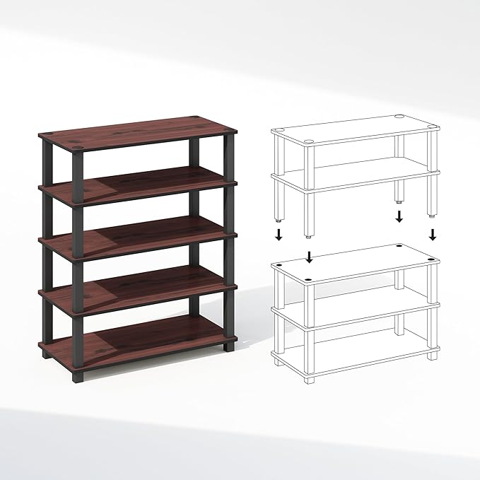 Furinno Turn-S-Tube Storage Shelves Set of 2, 3-Tier Stackable Standing Shelf, Open Corner Shelf, for Organization and Storage, Living Room, Garage, Home Office, Cherry Oak