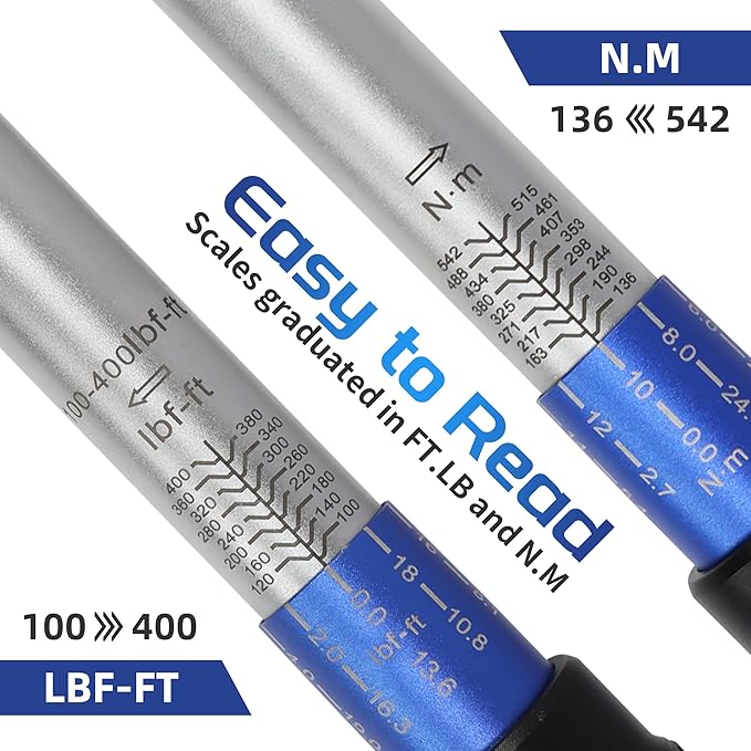 3/4-Inch Drive Click Torque Wrench, Dual-Direction Click Professional Torque Wrench 100-400FT.LB/136-542N.m, Dual Range Scales Graduated in FT.LB and N.M