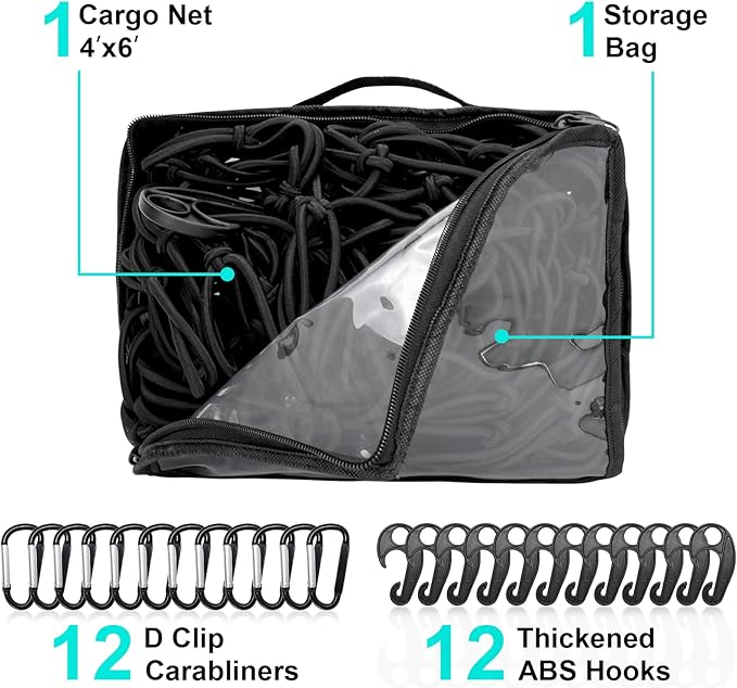 Cargo Net for Pickup Truck Bed, 4'x6' Stretches to 8'x12' Natural Latex Core Heavy Duty Bungee Cargo Net with 12 Carabiners +12 ABS Hooks, Compatible with Ford, Dodge, Chevrolet, Toyota, GMC