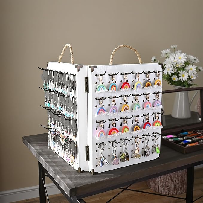 MOOCA Wooden Foldable and Portable 2 Panel Pegboard Jewelry Display Organizer with 48 Removable Black Metal Hooks & Convenient Rope Handle for Easy Carrying, Dual-Sided Panels for Hanging, White Color