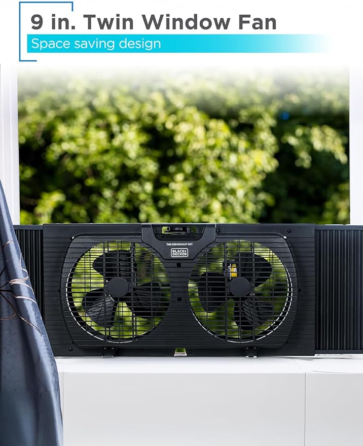 BLACK+DECKER 9" Dual Window Fan with 2 Speed Settings, Twin Fan Heads with Mechanical Dial Control, Removable Legs, For Sliding Windows up to 33” W with Accordion Expanders, BFW9MB, Black