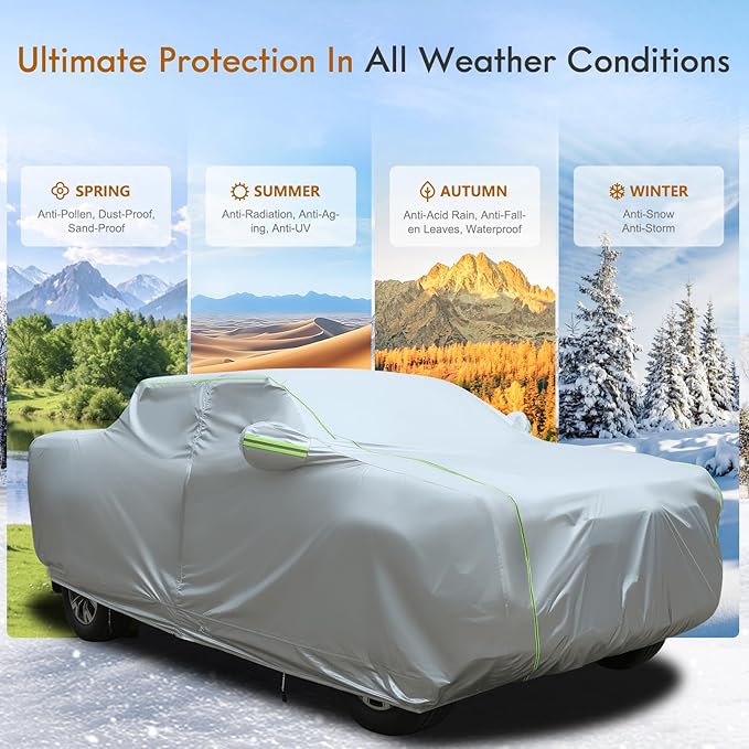 Tecoom Truck Cover Waterproof for Automobiles, Breathable Light Shell Windproof Sun Rain Snow Protection with Zipper Door & Lock, All Weather Outdoor Full Pickup Covers Fit Length Up to 252"