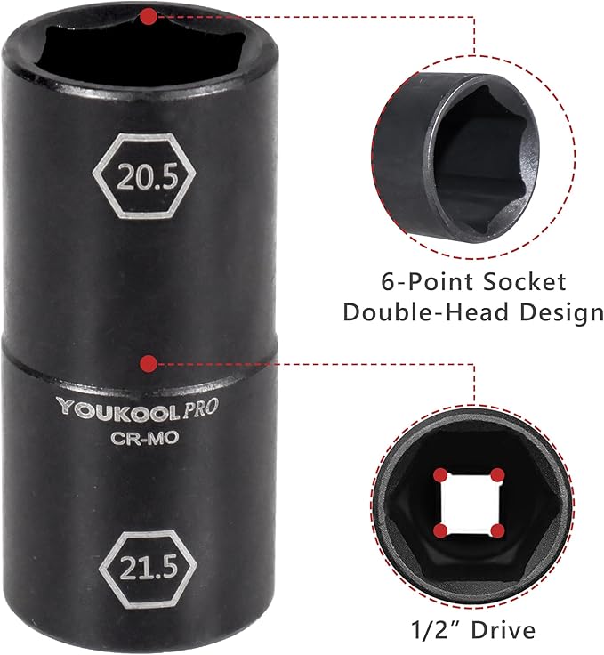 1/2-Inch Drive Double Ended Impact Socket, 6-Point,Half Size Lug Nut Socket,Thin Wall Wheel Protector, Made from Robust and Anti-Corrosive Steel (6-Size Set)