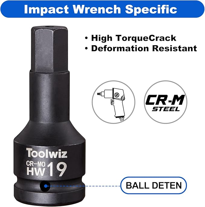 Toolwiz 3/4 Inch Drive Impact Hex Bit Set, 5-Piece Metric 14mm-24mm, Cr-Mo Steel, One-Piece Construction, Professional Automotive Impact Bit Socket Set, Heavy Duty PVC Storage Case