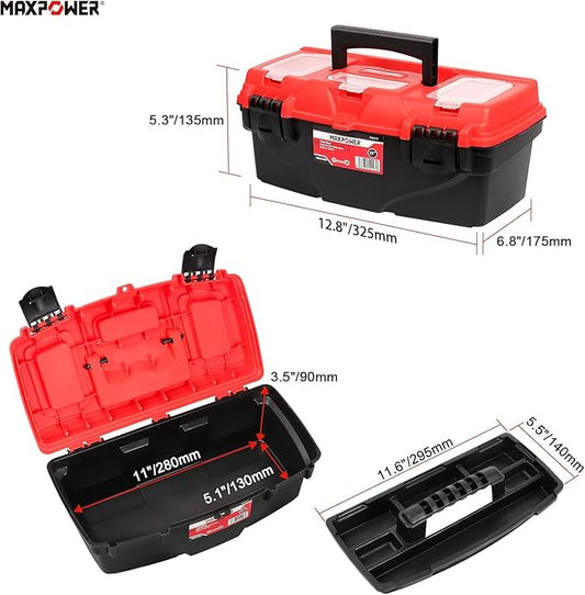 MAXPOWER 13-Inch Tool Box, Small Toolbox with Removable Tray & Dual Lock Secured Tool Box Organizer for Household