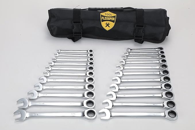 22-Piece Ratcheting Wrench Set，Metric & SAE Chrome Vanadium Steel Hand Combination Wrench Spanner with Portable Carrying Bag (Ratchet Wrench)