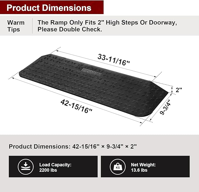 Ruedamann 2" Rise Rubber Threshold Ramp, 42.9" Wide Wheelchair Ramp, 2200 Lbs Capacity, Entry Ramp, Curb Ramp with Non-Slip Surface, for Wheelchairs, Scooter, Power Chairs, Driveways