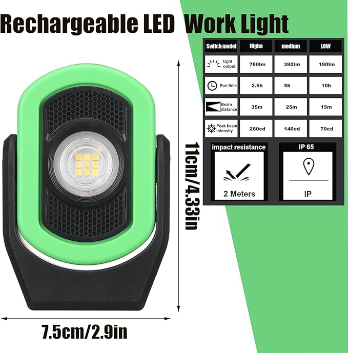 Retisee 3 Pack 780 Lumens Magnetic Work Light USB Rechargeable LED Flashlight Portable Inspection Light for Car Repair Emergency Lighting Mechanics Workshop (Green-3PK)