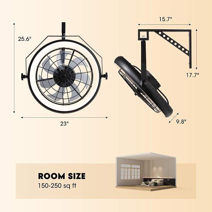 Wall Mounted Fan with Lights, 23” Wall Mount Fan with Remote, 6 Speeds Plug in Wall Fan, Reversible, 3CCT, Dimmable, Noiseless, 360°Adjustable Tilt for Workshop, Patio, Home