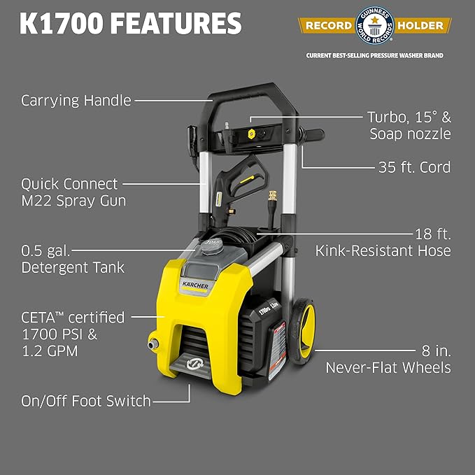 Kärcher Pressure Washer K1700, 3 Spray Nozzles, Detergent Tank, for Cars, Driveways, Siding, Patios, 2125 max. PSI, 1.46 max. GPM