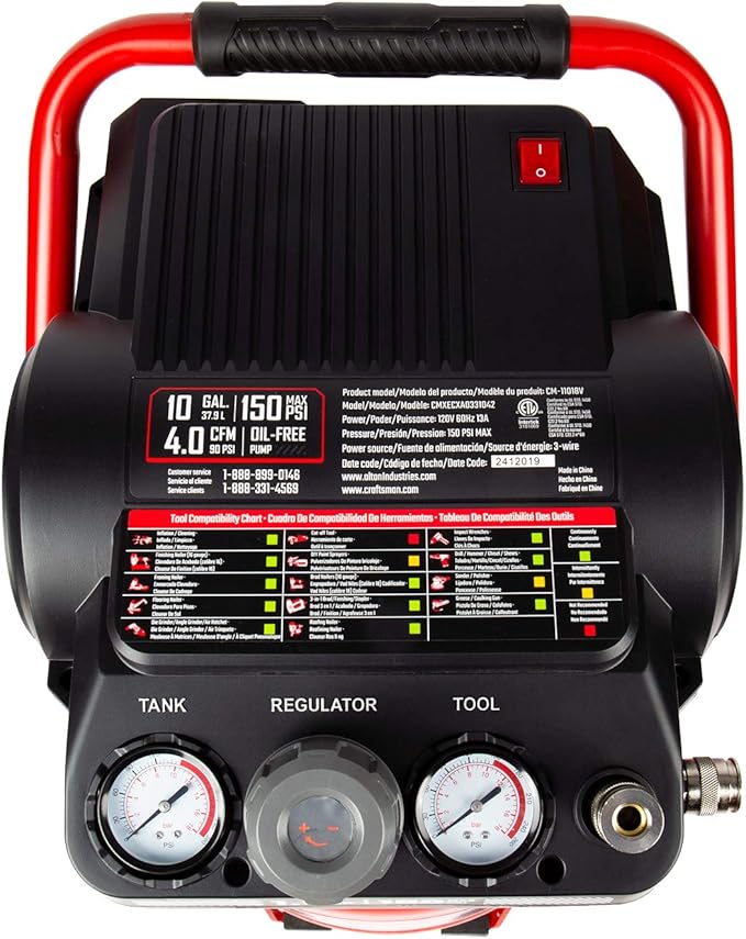 Craftsman Air Compressor 10 Gallon, Peak 1.8 HP, Max 150 PSI, 4.0CFM@90PSI, 5.0 CFM@40PSI, Oil-free, Portable Air Compressor with Wheel, 120V, Model: CMXECXA0331042