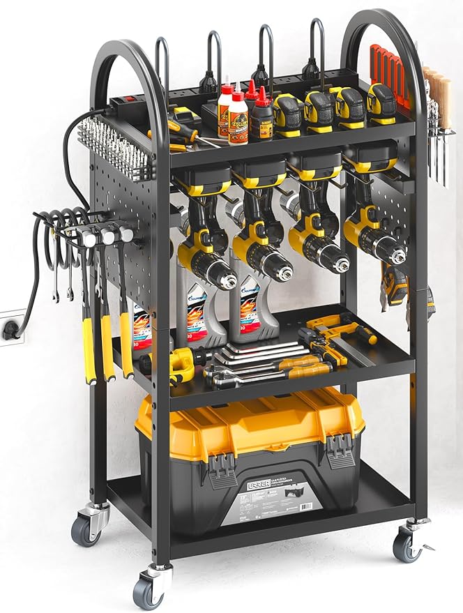 Warome Large Power Tool Organizer Cart with Charging Station, Rolling Utility Cart with 8-Outlet Movable Power Strip, Floor Standing Drill and Battery Holder,Tool Cart on Wheels for Garage Storage