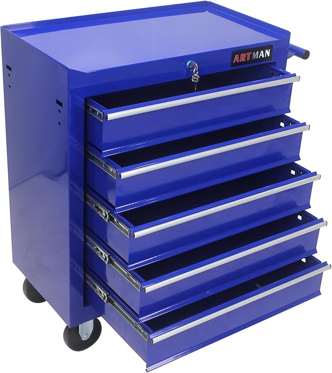 YOPTO Multifunctional Cart with 5 Ball-Bearing Drawers,Portable Rolling Tool Chest W/ 4 Wheels,Key Locking and Pull Handle,for Garage,Warehouse,Workshop,Repair Shop,Blue
