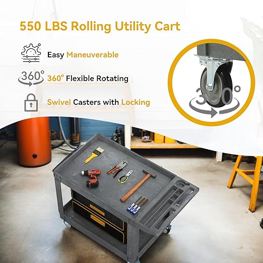 DWVO 2 Tier Utility Cart on Wheels, 550 lbs 2 Shelf Heavy Duty Plastic Rolling Carts, 45 x 25 in Plastic Tool Cart Work Cart with Locking Swivel Wheels & Handle for Warehouse Garage School & Office