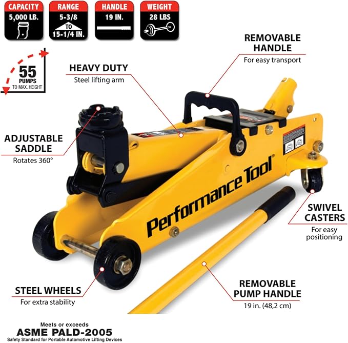 Performance Tool W1640 2-1/2 Ton Garage Jack, (5,000 lbs.) 5-15.5-Inch Lift, Swivel Casters, For Cars/Trucks