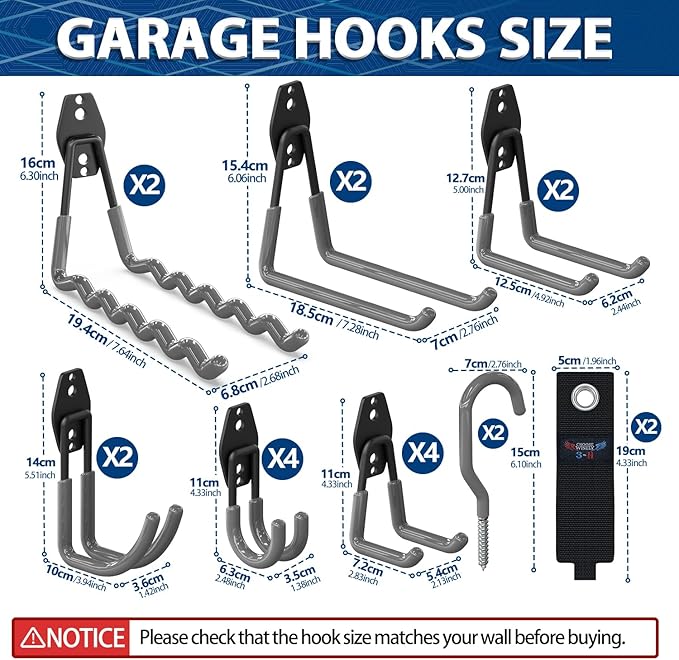 3-H Garage Wall Hooks 20 Pack,Garage Hooks Heavy Duty,Garage Storage Hooks for Hanging and Organizing Garden,Lawn,Yard Tools,Chairs,Ladders,Weed Eater,Shovel,Blower(Gray)
